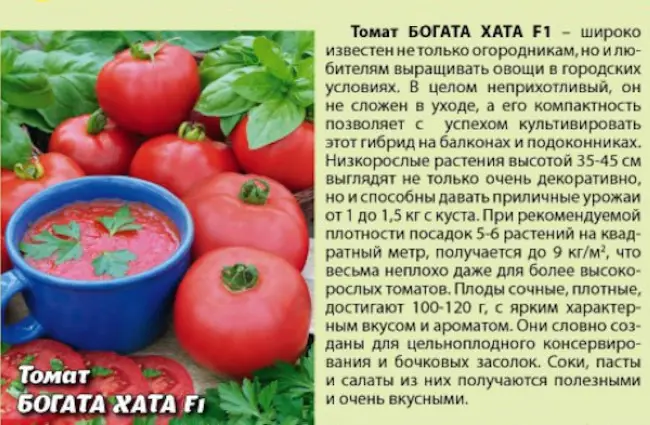 В данной статье дается описание сорта томата «Богата Хата», форма и вес плодов. Где и в каком году был выведен сорт? Для какого способа употребления подходит? Урожайность, особенности выращивания помидор.